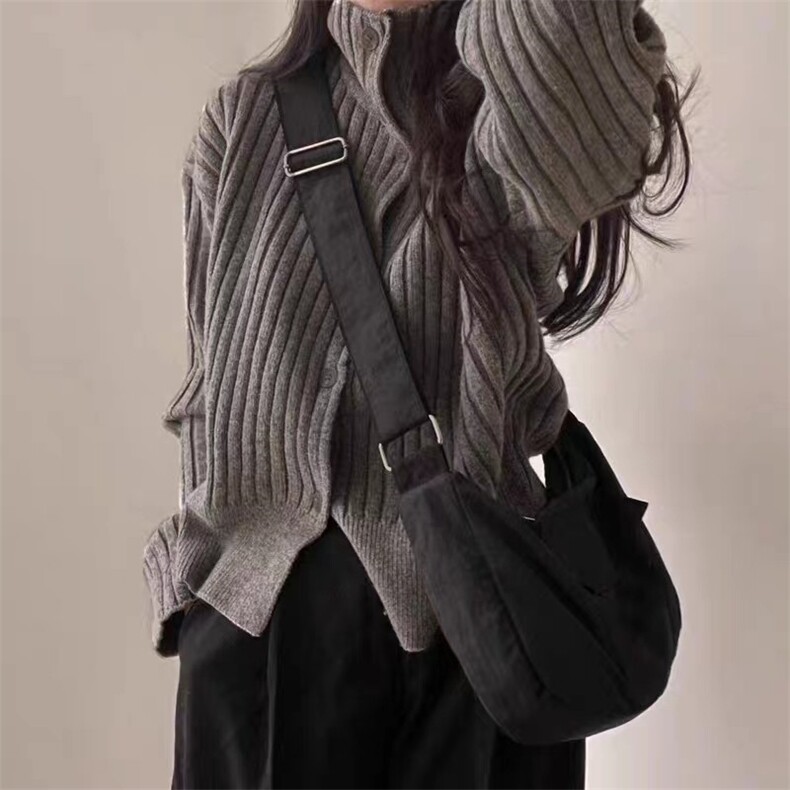 时尚百搭宽松显瘦坑条高领羊毛开衫女秋冬新款韩版慵懒风针织衫图片