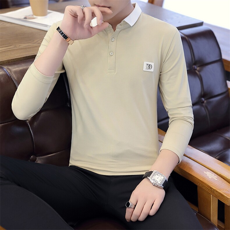咖啡厅6701-P40男士薄款POLO衫男纯色修身纯棉翻领长袖t恤有领男,男装T恤,电商D310（原电商305）