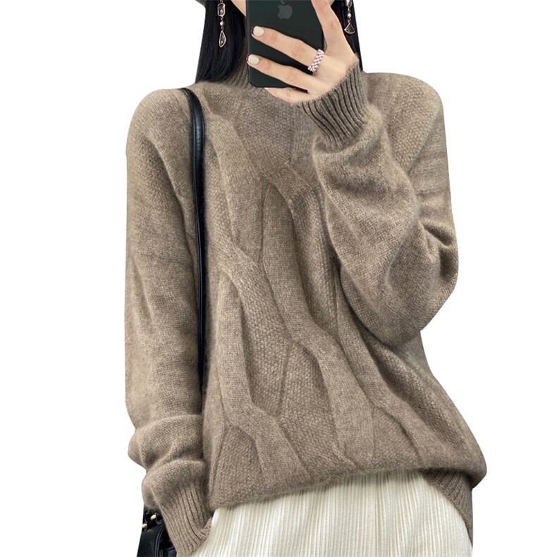 秋冬100%羊毛衫女半高领复古加厚扭花毛衣宽松羊绒套头针织打底衫,女装羊毛衫,忠诺羊绒