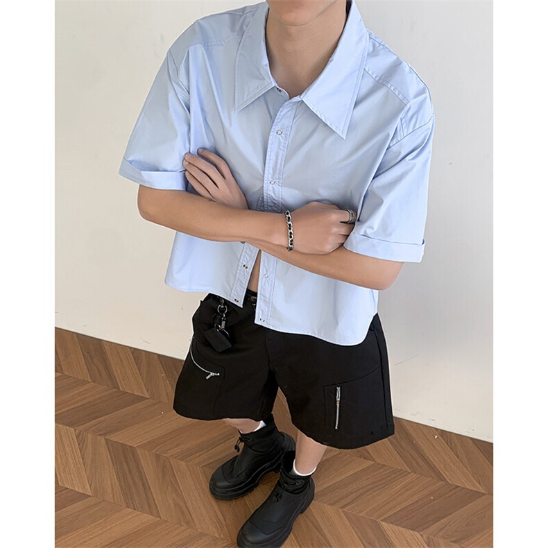 夏季薄款纯色短版衬衫男女学生高级感宽松廓形cleanfit男短袖衬衣,男装T恤,星座601-1