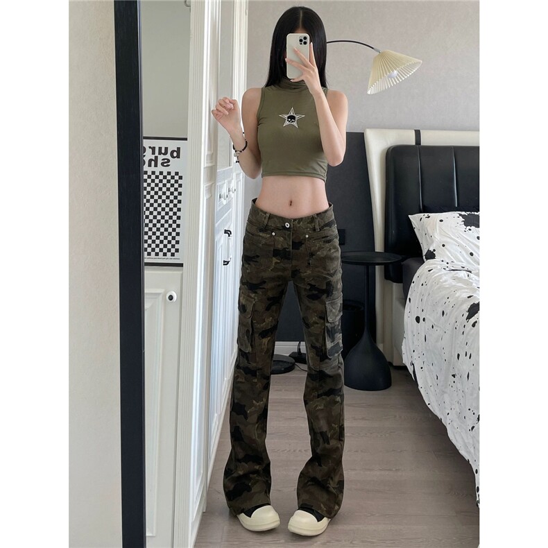 网图现货美式复古迷彩多口袋修身工装高街微喇牛仔长裤K5122/P55,男装工装外套,星座205-3