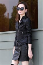 潮流拼接休闲时尚纯色2021年秋季皮衣立领拉链，女装皮衣，阿菲诺依