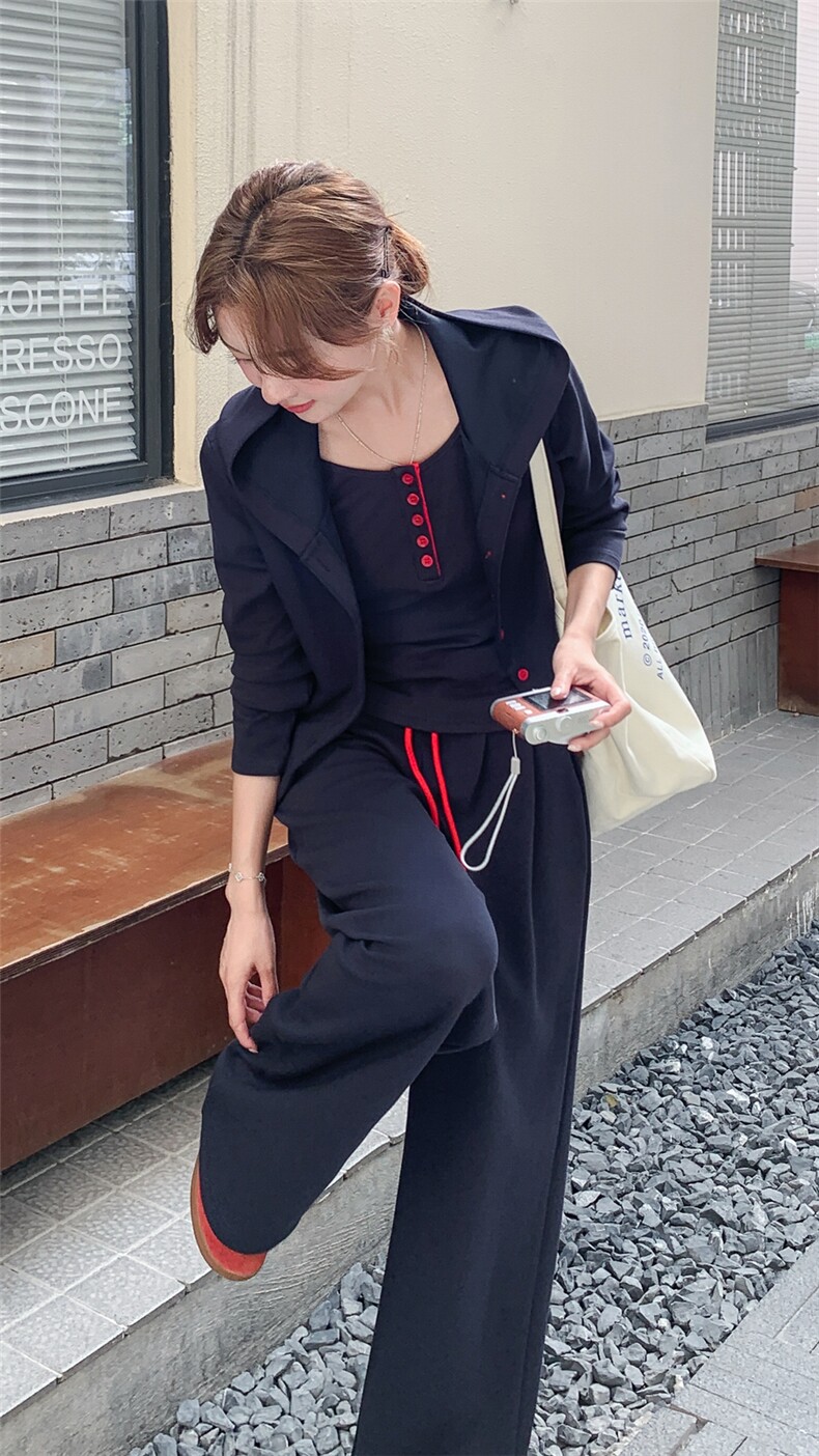 休闲运动风卫衣套装女2025秋季新款超好看阔腿裤吊带上衣三件套潮,女装套装/套裙,2D148