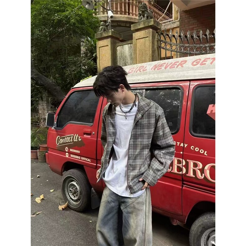 春秋复古氛围感美式格纹连帽夹克男外套宽松休闲格子上衣WJK913,男装夹克,星座208-5
