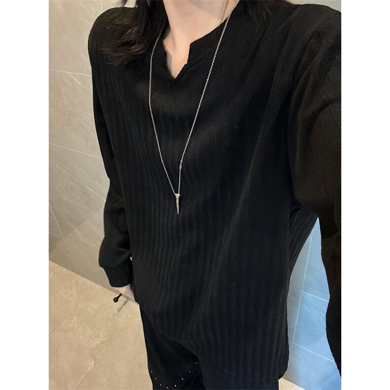 美式高街千鸟格子长袖T恤男女亨利V领英伦雅痞休闲宽松长袖打底衫，男装T恤，电商A443