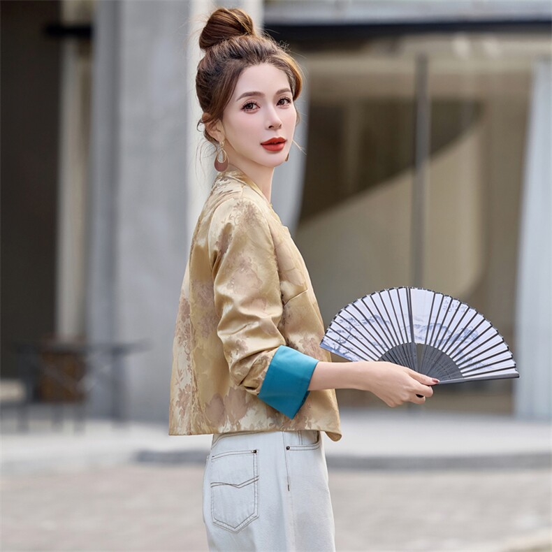 新中式国风提花外套女2025春季新款小个子高级感修身短款唐装上衣,女装短外套,悠米