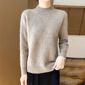 25秋冬半高领加厚100%纯羊毛衫女菱形提花针织毛衣宽松打底羊绒衫图片
