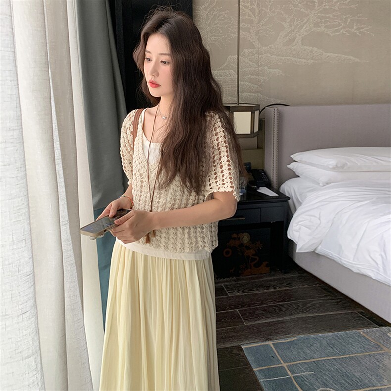 法式温柔风裙女2025夏季新款镂空v领罩衫吊带半身裙潮,女装连衣裙,浙宝305