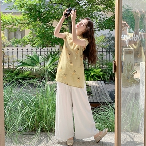 新中式套装盘扣开叉短袖衬衫女夏季2025新款宽松垂感阔腿裤两件套图片