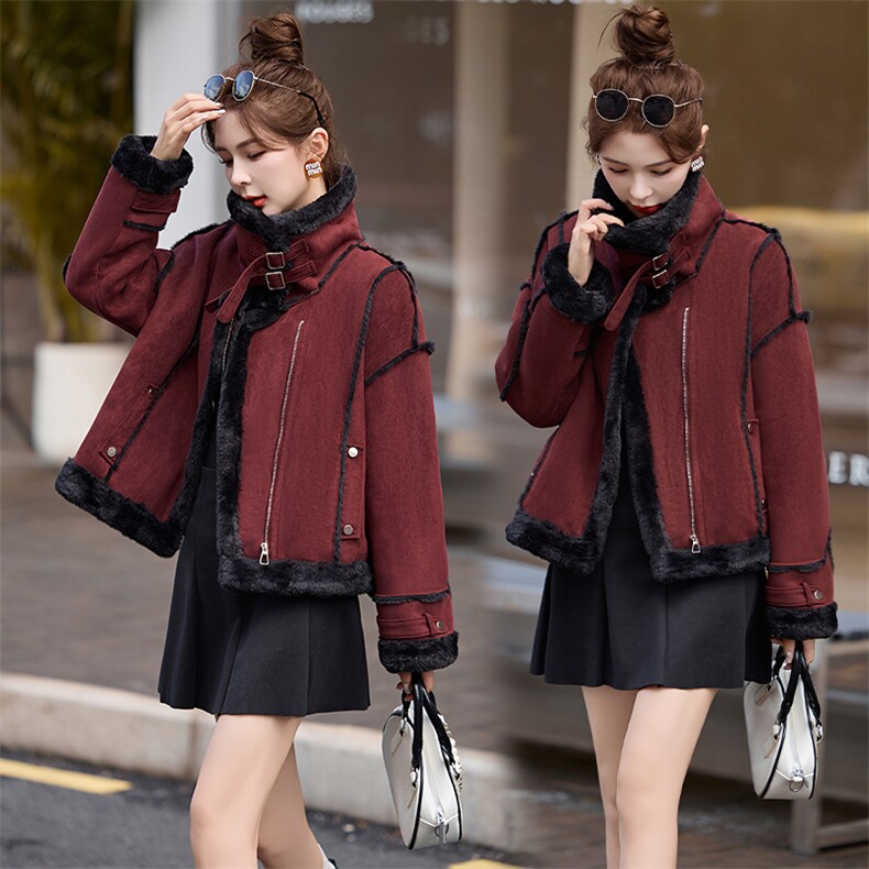 咖色加绒保暖皮毛一体外套女2024冬季新款宽松机车服加厚保暖棉服,女装棉衣/棉服,奕可儿