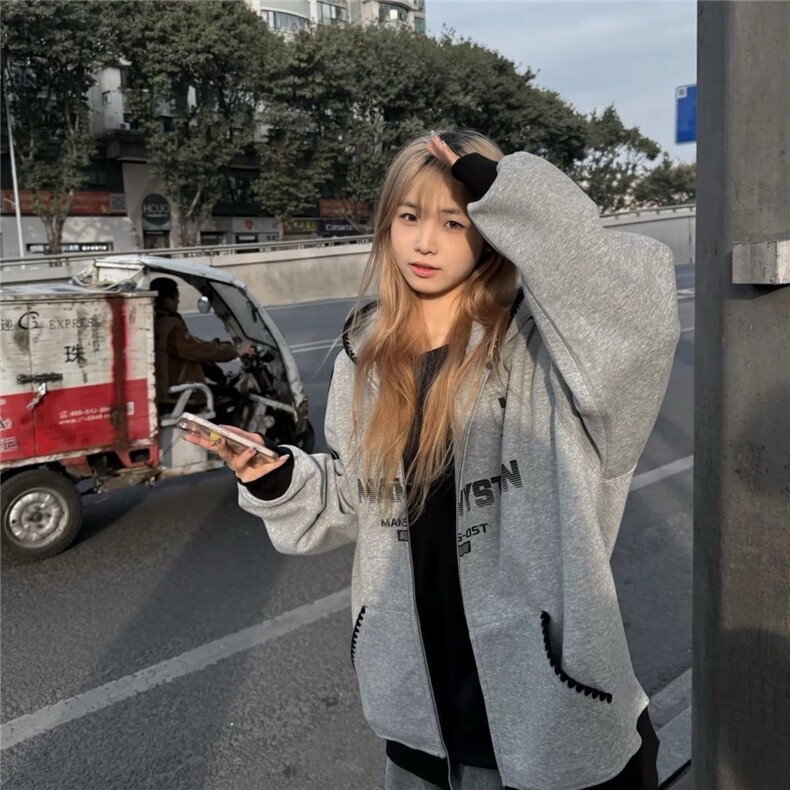 潮牌三条杠连帽开衫字母卫衣男女2025美式高街慵懒风情侣外套,女装短外套,星座601-1