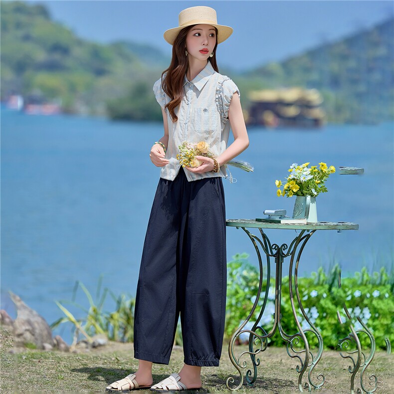 2026年夏季新款木耳边甜美衬衫阔腿裤两件套套装女,女装套装/套裙,依路服饰