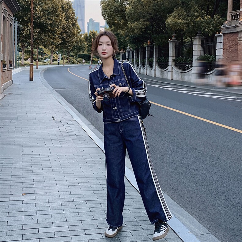 时尚牛仔套装女春秋季2025设计感短外套搭配阔腿裤气质休闲两件套,女装套装/套裙,艾仟回(原伊仟回)