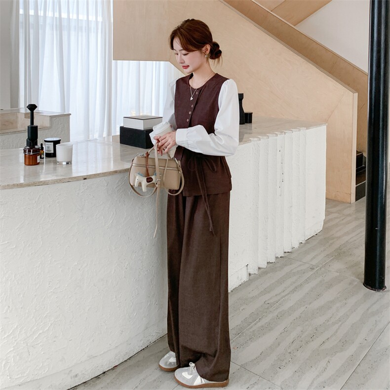 韩系复古拼接衬衫阔腿裤套装女2025秋季新款高级感气质显瘦两件套,女装套装/套裙,2C253