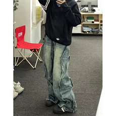 【有货】闪电纹拼接牛仔裤男设计感小众美式vibe裤子A203WW-特P60，男装牛仔裤，星座1007（原301D）