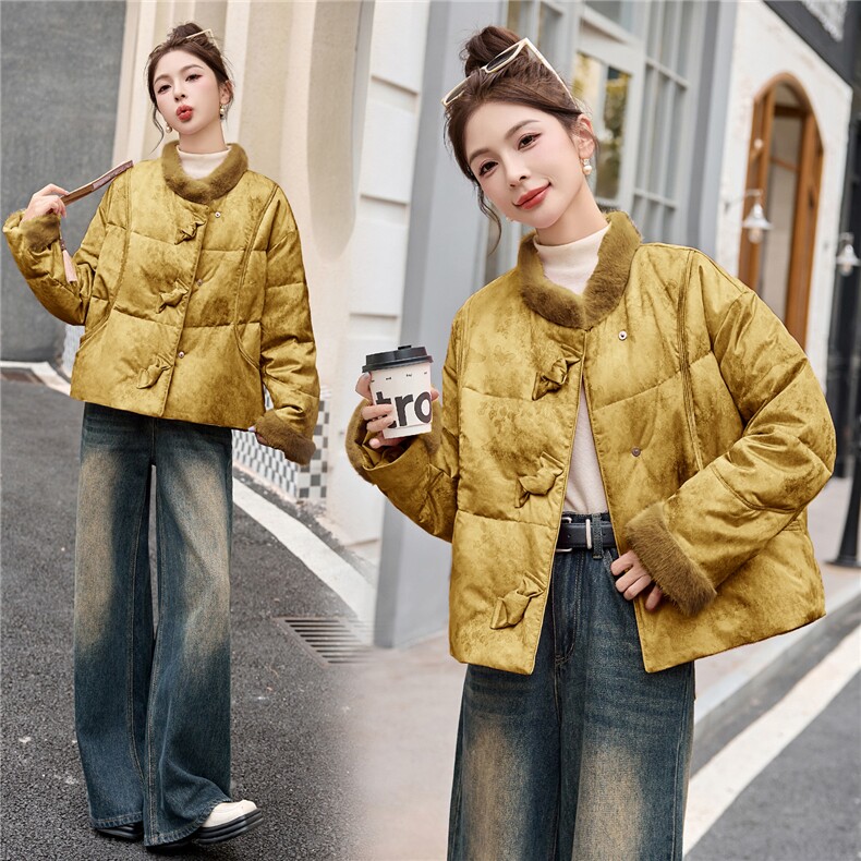 新中式国风羽绒服女2025冬季新款独特超好看短款粉色毛领保暖外套,女装羽绒服,伊仟回