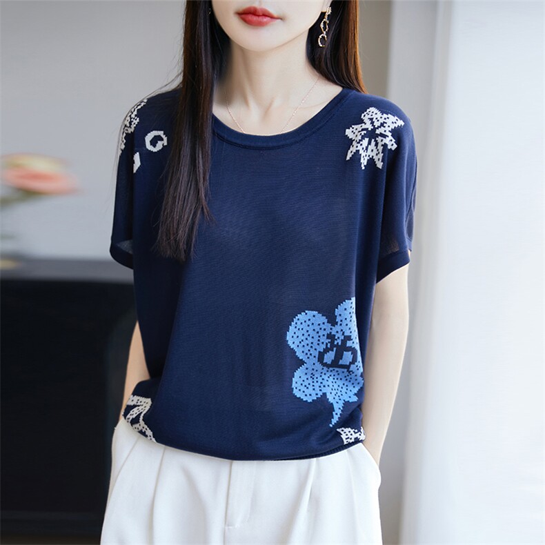 莱塞尔针织提花小飞袖T恤女2025夏薄透气洋气蓝色宽松显瘦短袖T恤,针织衫/毛衣,唐诺