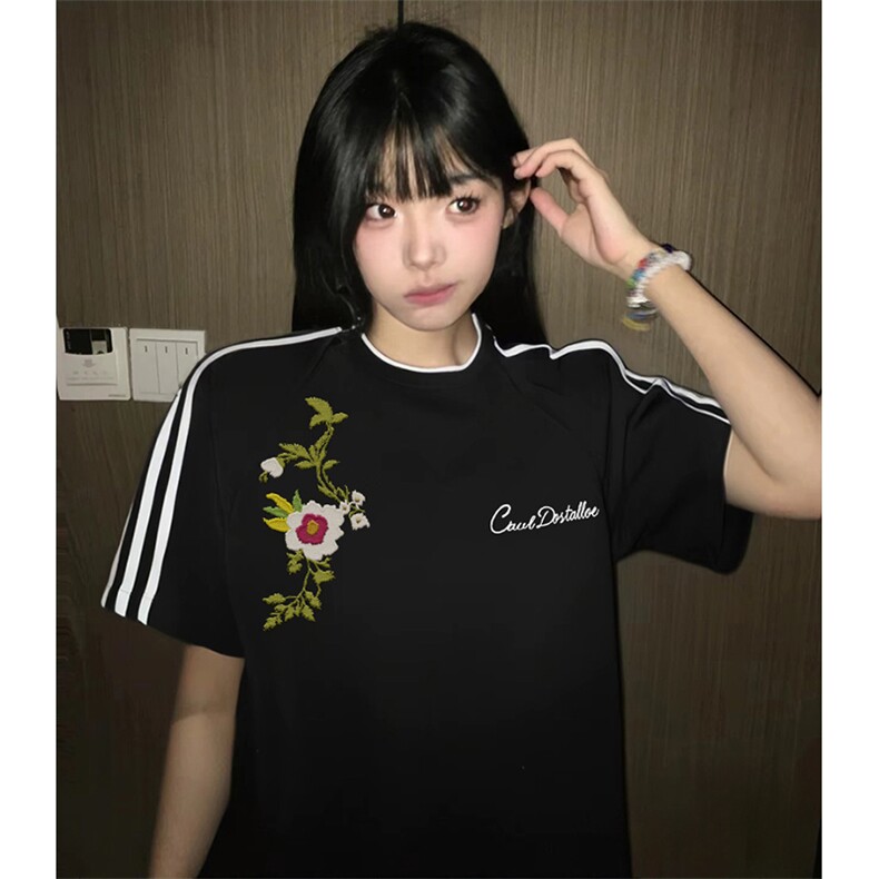 抖音得物高品质二开240克宽松纯棉美式潮牌三条杠织带短袖T恤，男装T恤，电商A486-1