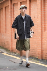 日系潮多口袋衬衫短袖休闲百搭宽松情侣通勤CS0309-P38，男装衬衫，星座308B-1