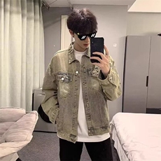 春季黄泥色牛仔外套男做旧水洗美式街头情侣款式夹克上衣潮牌宽松，男装夹克，星座506A