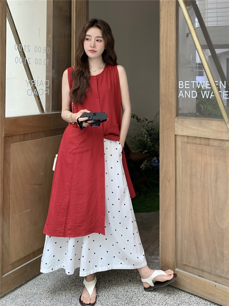 红色无袖衬衫叠穿连衣裙女夏波点阔腿裤两件套装裙巨好看超火爆款,女装套装/套裙,蝶眷