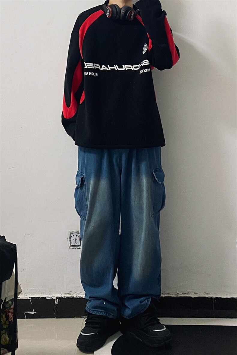 B221美式ins高街暗黑宽松拼接圆领卫衣T恤SY2316-P65控88,男装卫衣,电商B221