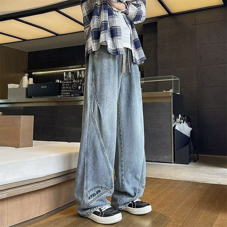 潮牌美式做旧水洗抽绳松紧牛仔裤男宽松潮流百搭阔腿长裤NZH1044,男装牛仔裤,星座516A