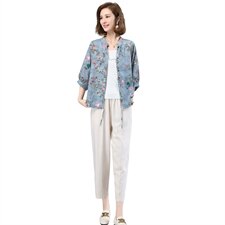 优雅印花衬衫套装女夏季新款宽松显瘦休闲两件套，女装套装/套裙，涵誉