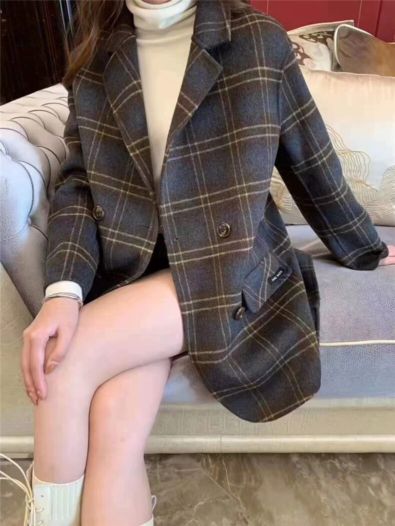 2026主推新款千鸟格双面羊毛呢子大衣女秋冬高级感小个子毛呢西服,女装双面呢大衣,丝露怡语