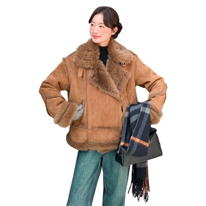 复古风皮毛一体机车短外套女冬季立领加厚保暖羊羔毛绒夹克棉服图片