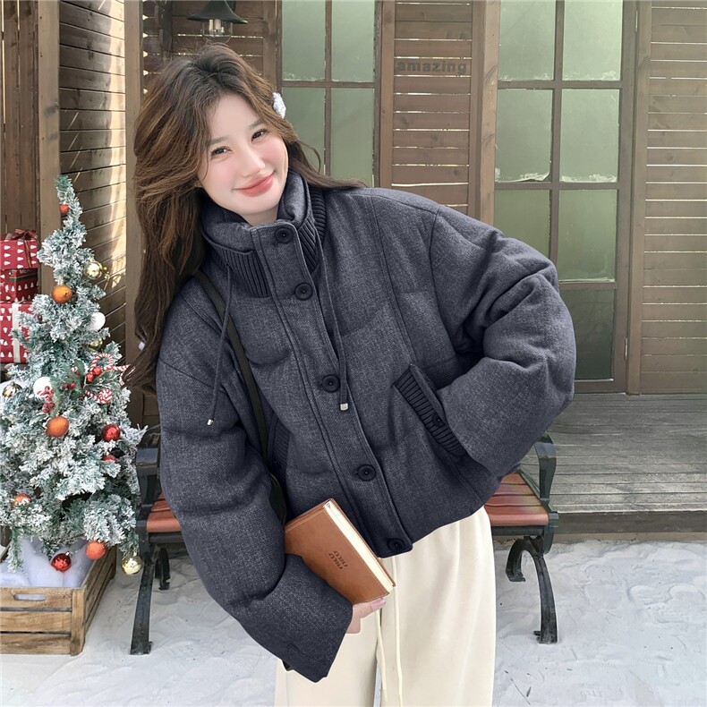 现货立领短款羽绒服女2025冬季新款针织拼接时尚洋气外套90白鸭绒图片
