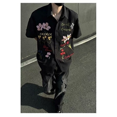 2025美式重磅彩色花卉刺绣短袖衬衫男女夏季街头痞帅宽松休闲衬衣，男装衬衫，星座506A