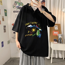 LD54219-P45连帽短袖t恤男大码胖子带帽五分袖中袖海报风，男装T恤，电商A040