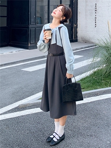 现货款2026春装新款胖妹妹学院风清新气质长款收腰连衣裙女送皮带图片