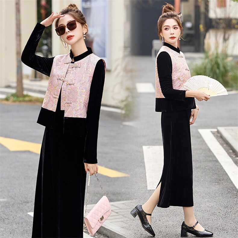 新中式连衣裙女2025春季新款今年流行国风马甲丝绒裙子两件套套装，女装套装/套裙，流量+