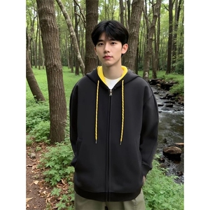 抖音得物二开美式高街重磅结构双层撞色连帽卫衣开衫外套W116图片
