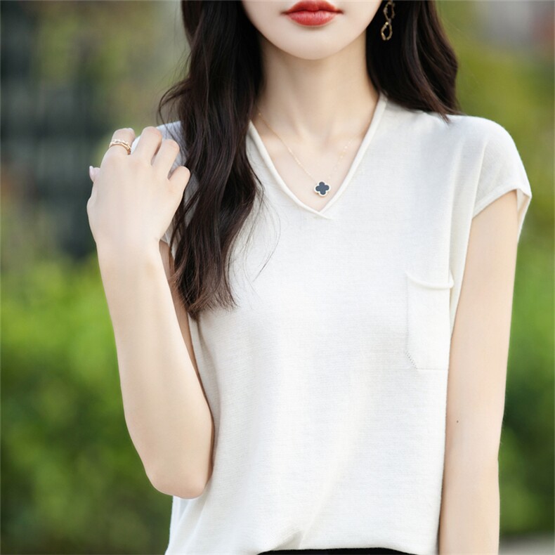 卷边V领100%纯棉针织短袖T恤女夏季薄款纯色带兜上衣宽松半袖打底,针织衫/毛衣,斯美雅电商供货
