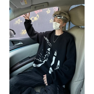 艺术剪影印花毛衣针织衫男宽松休闲圆领毛衣 1001-1-M6030-P52图片