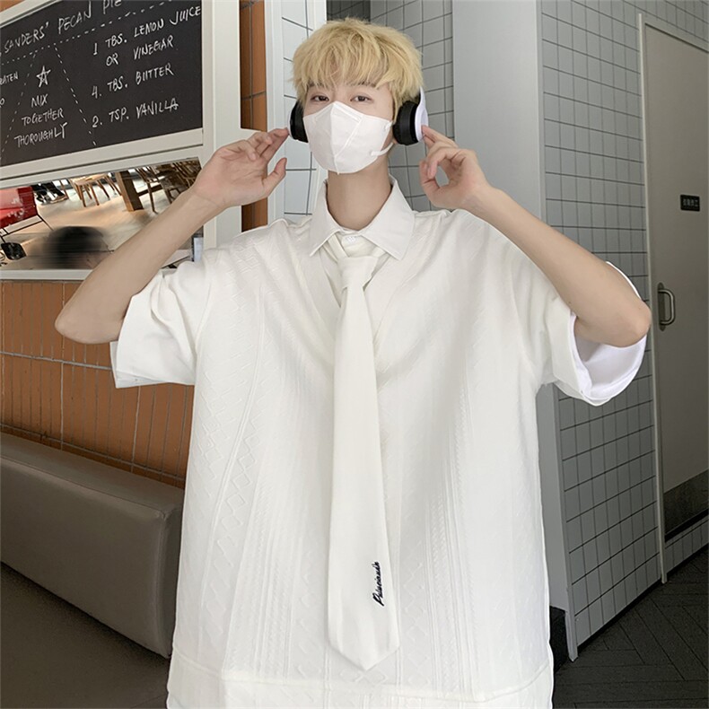 美式潮牌ins假两件套头衬衫男送领带宽松短袖衬衣服CS01271-P45,男装衬衫,星座308B-1