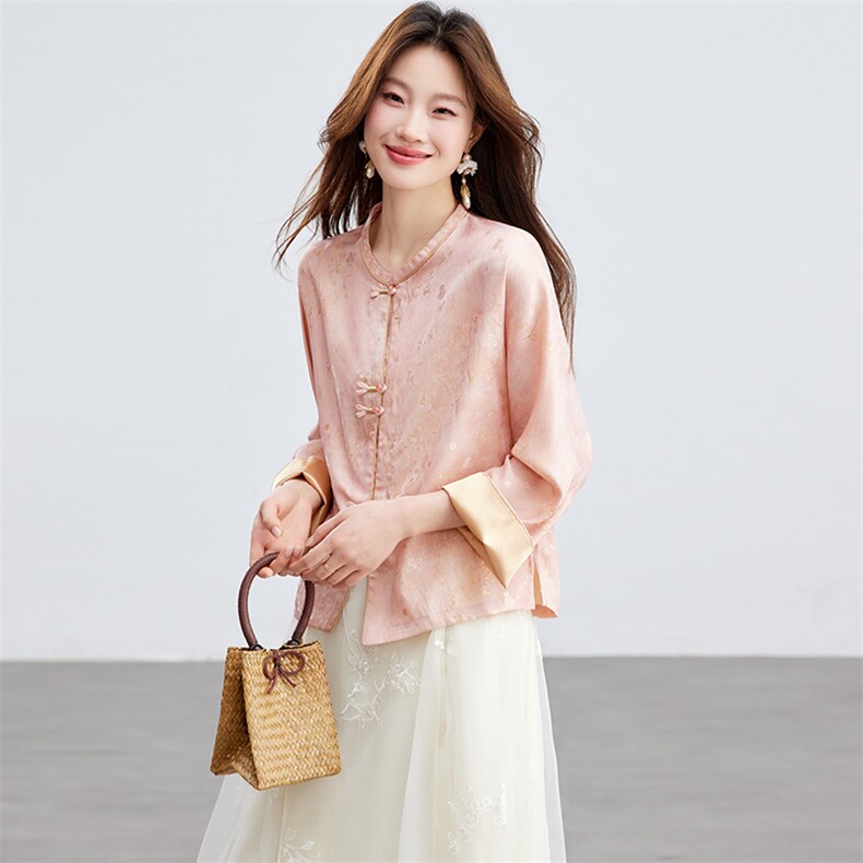 在仓~薄款人丝提花圆领盘扣插肩袖上衣轻薄外套透气时尚潮流外套,女装短外套,新依时派