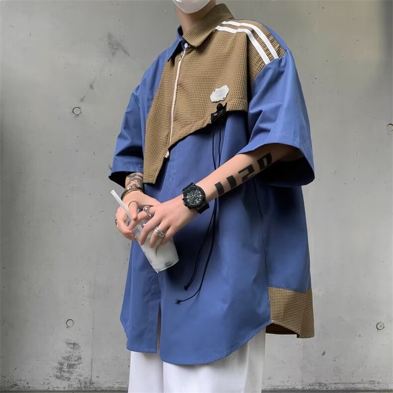 美式复古短袖衬衫男夏季设计感小众拼接衬衣宽松休闲外套HC10-P43,男装T恤,星座1008-2
