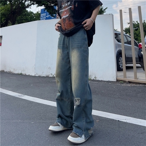 美式破洞黄泥染撞色牛仔裤男宽松直筒高街阔腿嘻哈长裤N002-P45图片