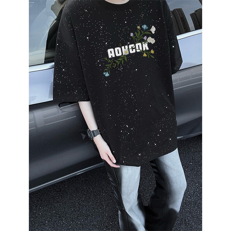 可48小时发货支持抖音得物来样二开美式满天星亮片短袖T恤MTX724,男装T恤,电商A486-1