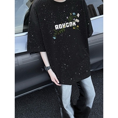 可48小时发货支持抖音得物来样二开美式满天星亮片短袖T恤MTX724，男装T恤，电商A486-1