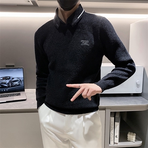 店主风小伙秋冬男修身衬衫领假二件针织毛衣301A-1/M66/P75控95图片