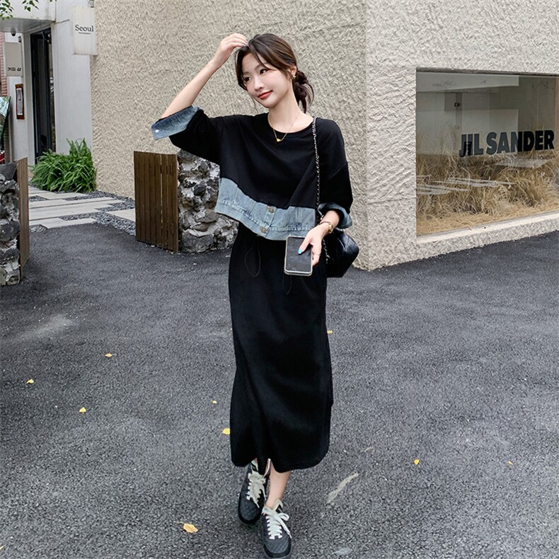 秋冬现货设计感假两件牛仔拼接连衣裙长裙2962P135K198,女装连衣裙,2C029