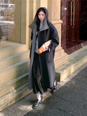 现货新款双面羊毛呢正反两穿连帽风衣，女装双面呢大衣，丝露怡语