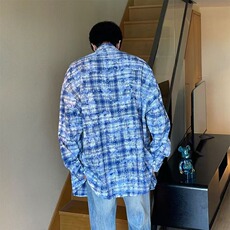 美式街头秋冬扎染水洗格子衬衫外套男高级宽松外搭设计感长袖外套，男装衬衫，星座506A