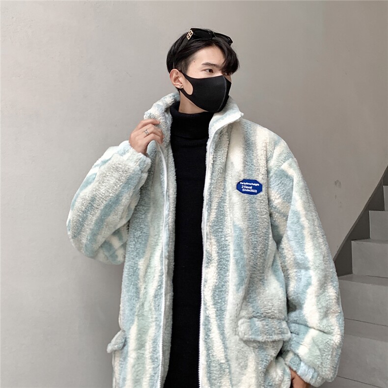 港风定制条纹羊羔毛面料棉衣男成分：聚酯纤维8712P138控178,男装棉衣,星座227-7