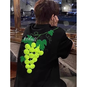 葡萄刺绣毛巾绣短袖t恤男夏季宽松潮牌上衣T8074